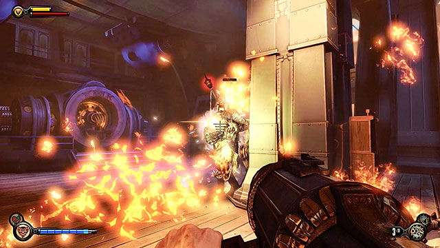 Use the sky-line located to the right of the platform to get on board of the zeppelin and eliminate all hostile units stationed there - Take out the zeppelin | Chapter 26 - Factory Courtyard - Chapter 26 - Factory Courtyard - BioShock Infinite Guide