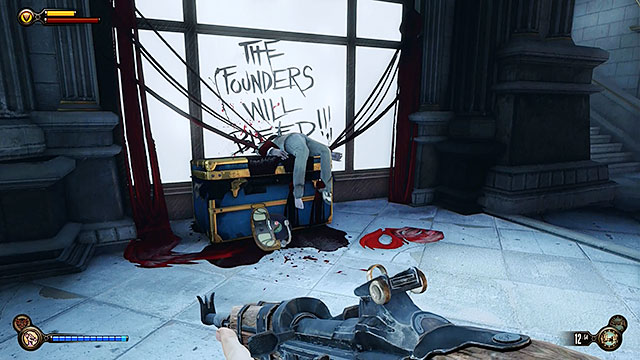 Go to the corridor located opposite the ticket office and proceed to the next hall - Go to Comstock house part 2 | Chapter 29 - Port Prosperity - Chapter 29 - Port Prosperity - BioShock Infinite Guide