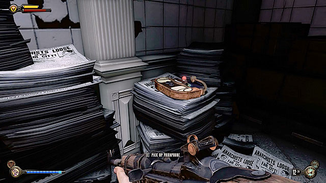 Youll also find a storage area with stacks of newspapers opposite the safe and theres a Voxophone #54 among the papers - Go to Comstock house part 2 | Chapter 29 - Port Prosperity - Chapter 29 - Port Prosperity - BioShock Infinite Guide