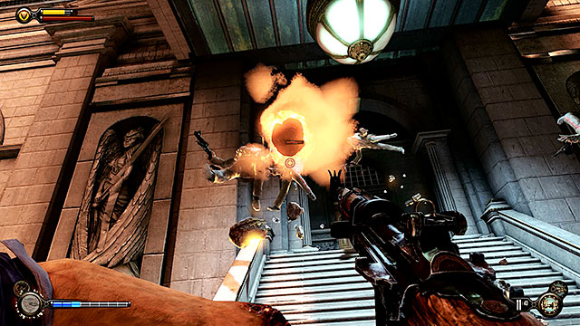 Ask Elizabeth to open a gate leading to a square located in front of the bank and use the stairs to get to the building - Find the next tear | Chapter 31 - Memorial Gardens - Chapter 31 - Memorial Gardens - BioShock Infinite Guide
