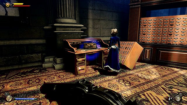 Walk through the corridor leading to the archive room with overturned bookstands - Find the next tear | Chapter 31 - Memorial Gardens - Chapter 31 - Memorial Gardens - BioShock Infinite Guide