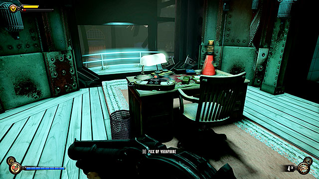 Explore a newly unlocked room and check the desk to find some silver, Voxophone #76 and Infusion #24 (last one in the game) - Go outside and find Comstocks flagship | Chapter 35 - Operating Theatre - Chapter 35 - Operating Theatre - BioShock Infinite Guide
