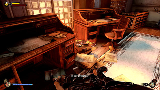 Break into the building mentioned above (the lock requires you to have 3 lockpicks) and check the left room to uncover Voxophone #77 on a stack of documents - Board Prophet Comstocks zeppelin | Chapter 36 - Hand of the Prophet - Chapter 36 - Hand of the Prophet - BioShock Infinite Guide