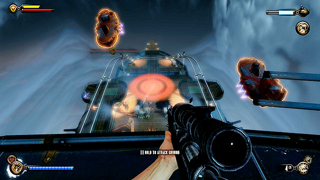 Theres a sky-line above the deck and you can use it to get to the top of the zeppelin - Direct Songbird to protect the zeppelin | Chapter 39 - Command Deck - Chapter 39 - Command Deck - BioShock Infinite Guide