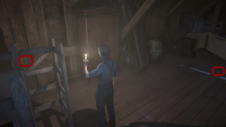 Proceed to the opposite side of the room (pick up a fragment of a photo found on the floor next to a covered sofa) and take a look at other planks that form up the wall (screenshot above) to find an unusual door - Follow Ailsa to the attic | Black Mirror Walkthrough - Chapter 3 - Black Mirror Guide