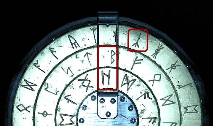 The symbol marked in red located on the upper ring should be in the same column as the other two, also marked in red. - Riddle with runes in hosts office | Black Mirror Walkthrough - Chapter I - Black Mirror Guide