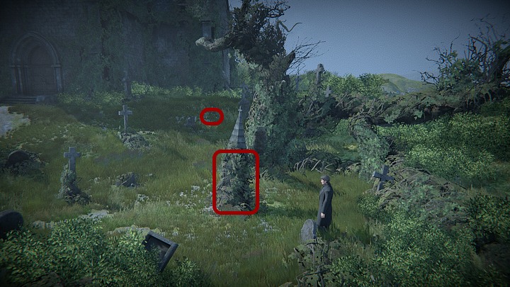 Notice the graves on the right, especially the one that is quite high and overgrown with plants - Find the grave from the painting | Black Mirror Walkthrough - Chapter 2 - Black Mirror Guide