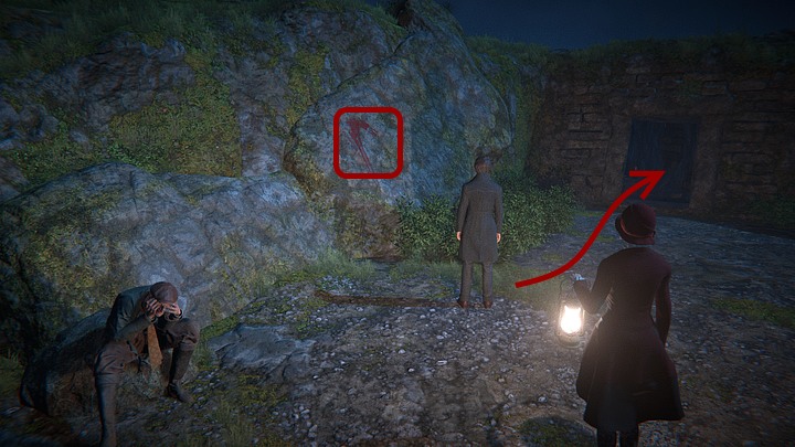 Look at the blood rune painted on the rock on the left - this will add to your inventory a sketch of this rune (scythe rune) - Explore the village | Chapter 4 | Walkthrough - Chapter 4 - Black Mirror Guide