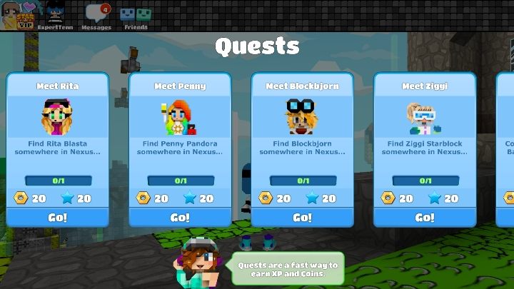 Mission rewards include coins, experience points, and various items - Step 3 - Quests in BlockStarPlanet - 10 steps to start - BlockStarPlanet Guide