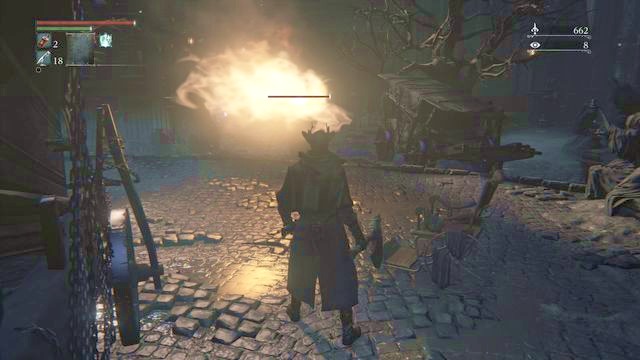 Dont approach this enemy when he sprays out the flames. - Cathedral Ward - Central Square | Walkthrough - Walkthrough - Bloodborne Game Guide & Walkthrough