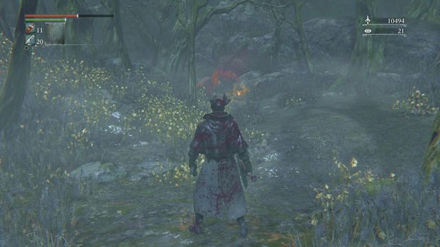You will reach a place where you can see a red tombstone (screen) - Forbidden Woods | Walkthrough - Walkthrough - Bloodborne Game Guide & Walkthrough