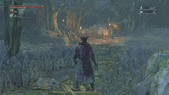 When approaching the enemies, watch out not to fall down into the pit in the middle. - Forbidden Woods | Walkthrough - Walkthrough - Bloodborne Game Guide & Walkthrough