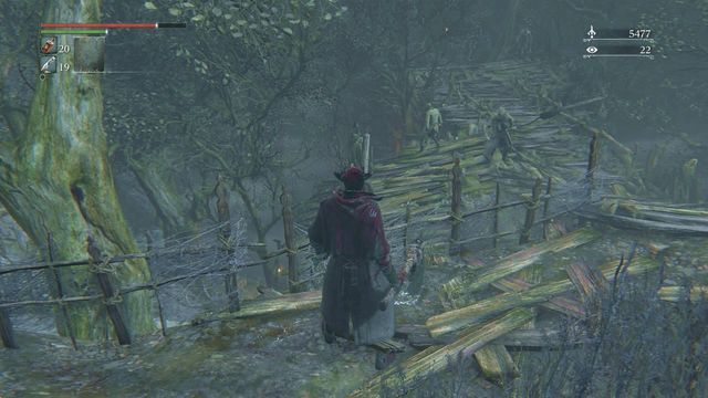 Behind the bonfire, you will reach the place that you can see on the screen - Forbidden Woods | Walkthrough - Walkthrough - Bloodborne Game Guide & Walkthrough