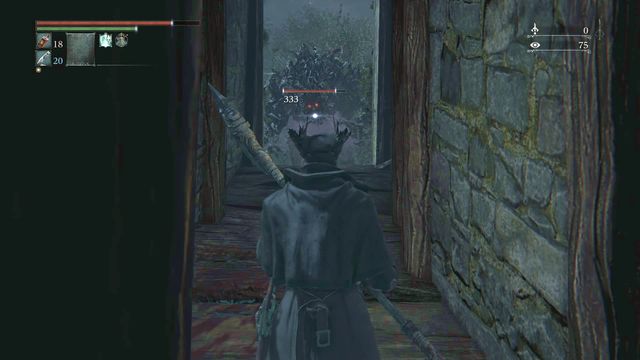 The opponent gets stuck In the passageway, which makes it easier for you to deal damage. - Forbidden Woods | Walkthrough - Walkthrough - Bloodborne Game Guide & Walkthrough