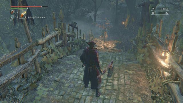 There is another enemy behind the bridge. Turn right and go up to unlock a shortcut. - Forbidden Woods | Walkthrough - Walkthrough - Bloodborne Game Guide & Walkthrough