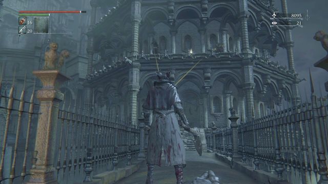 After entering the new area, be quick because you can be hit by one of the shooters. - Healing Church Workshop | Walkthrough - Walkthrough - Bloodborne Game Guide & Walkthrough