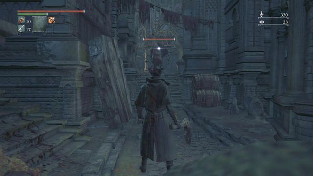 You can ambush the strong enemy coming from the second street if you head to the first one, on your left. - Healing Church Workshop | Walkthrough - Walkthrough - Bloodborne Game Guide & Walkthrough