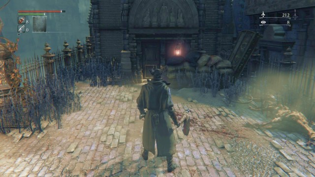 In front of the old ladys house, you find a baying dog. - Find a safe place | Side quests - Side quests - Bloodborne Game Guide & Walkthrough