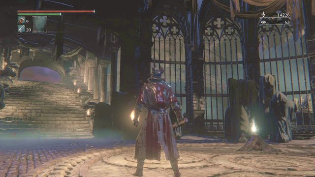 Make contact, collect frenzied coldblood, open the gate and through the stairs go to the boss. - Upper Cathedral Ward | Walkthrough - Walkthrough - Bloodborne Game Guide & Walkthrough