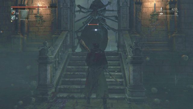 After entering another room be prepared to face a giant spider which will fall from the ceiling with few smaller ones - Nightmare of Mensis | Walkthrough - Walkthrough - Bloodborne Game Guide & Walkthrough