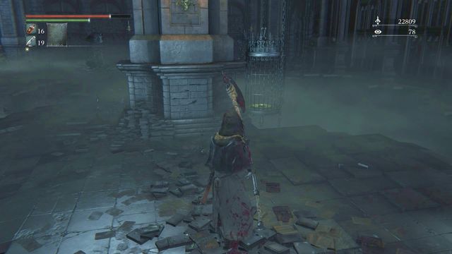 Elevator leads down, another enemy behind the pillar. - Nightmare of Mensis | Walkthrough - Walkthrough - Bloodborne Game Guide & Walkthrough