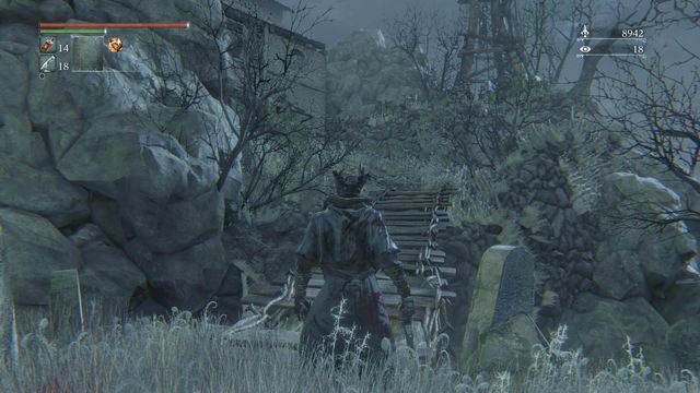Another two enemies waiting behind the bridge. - Hemwick Charnel Lane | Walkthrough - Walkthrough - Bloodborne Game Guide & Walkthrough