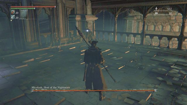 Battle with Micolash is divided into two phases fought on almost identical, small balconies. - Micolash, Host of the Nightmare | Boss Fights - Boss Fights - Bloodborne Game Guide & Walkthrough