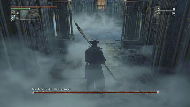 Boss will quickly run to the first balcony. - Micolash, Host of the Nightmare | Boss Fights - Boss Fights - Bloodborne Game Guide & Walkthrough