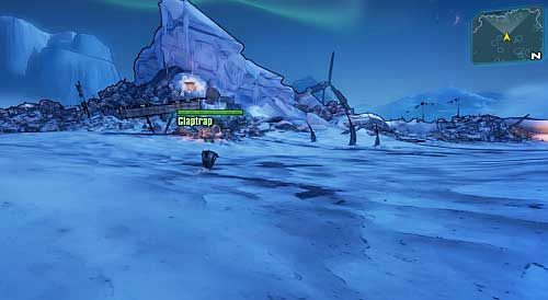 After gaining control over your character [1], follow the Claptrap south west [2] to his hideout - My First Gun/Blindsided | Main missions walkthrough for Borderlands 2 - Main missions - Borderlands 2 Game Guide