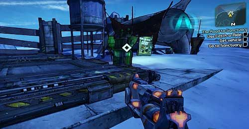 When you reach the top, head south towards Catch-a-Ride [2] and try using the device - The Road to the Sanctuary | Main missions walkthrough for Borderlands 2 - Main missions - Borderlands 2 Game Guide