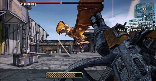 Go up the stairs onto the bridge leading to a room with an elevator which you have to use to reach Bloodwing [14] - Wildlife Preservation | Main missions walkthrough for Borderlands 2 - Main missions - Borderlands 2 Game Guide