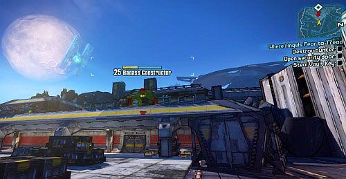 Take a few steps behind the gate and on the upper part of the opposite building you should see a Badass Constructor [6] - Where Angels Fear to Tread part 1, 2 | Walkthrough for Borderlands 2 - Main missions - Borderlands 2 Game Guide