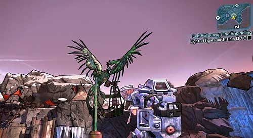 The next stage of this mission requires you to light up three Fire Effigies shown in the above screenshot - Cult Following: Eternal Flame | Sanctuary side missions in Borderlands 2 - Sanctuary - Borderlands 2 Game Guide