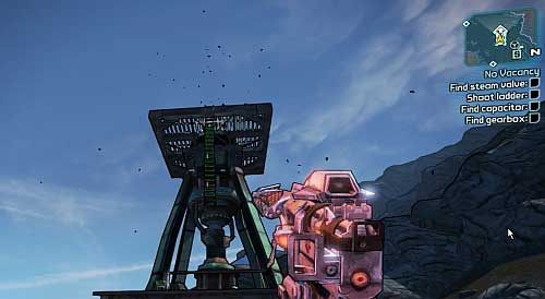 Start off by heading to the pump in the middle part of the map [3] and shoot the ladder shown in the screenshot to lower it - No Vacancy | Three Horns Valley side missions in Borderlands 2 - Three Horns Valley - Borderlands 2 Game Guide