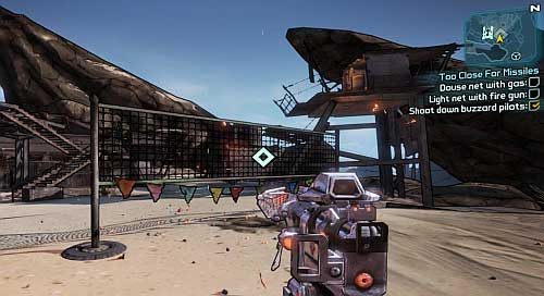 After collecting all the items, Use Gas cans on the net from the screenshot [4] - Too Close For Missiles | The Dust side missions in Borderlands 2 - The Dust - Borderlands 2 Game Guide