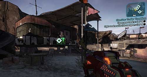 Speak to Steve [1] and head to the Hodunk camp [2] - Clan War: Trailer Trashing | The Dust side missions in Borderlands 2 - The Dust - Borderlands 2 Game Guide