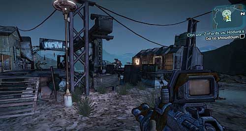 Speak to Ellie [1] and head to the place of the battle of the two families [2] in the western part of the map - Clan War: Zafords vs. Hodunks | The Dust side missions in Borderlands 2 - The Dust - Borderlands 2 Game Guide