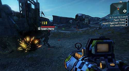 As you travel through Tundra Express, around the Bandit camp [1] you can come across the Tundra Patrol - No Hard Feelings | Tundra Express side missions in Borderlands 2 - Tundra Express - Borderlands 2 Game Guide