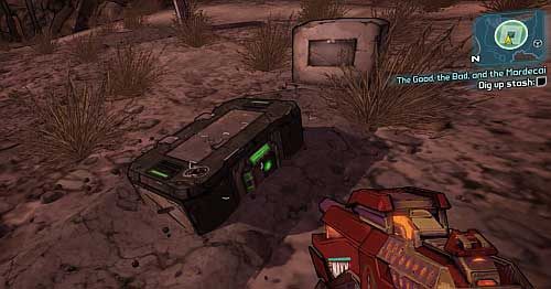 Drive to the back of Ellies workshop and follow the passage [5] to the hill [6], where the chest is buried - The Good, the Bad, and the Mordecai | Sanctuary part 2 missions in Borderlands 2 - Sanctuary part 2 - Borderlands 2 Game Guide