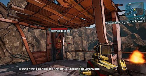 After getting out of the tunnel, on the left you should see the shack from the above screenshot [6], inside of which you have to destroy a fuse box - The Bane | Sanctuary part 3 side missions in Borderlands 2 - Sanctuary part 3 - Borderlands 2 Game Guide