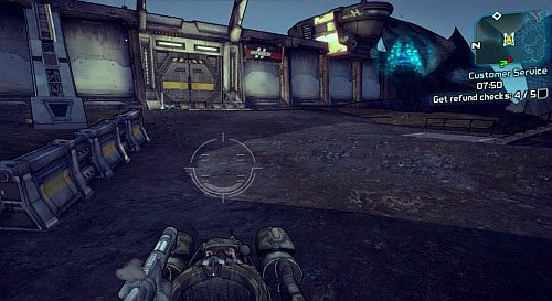In order to reach [7], stand in front of the gate from the above screenshot [6] and wait for it to open, with the car waiting outside - Customer Service | Eridium Blight side missions in Borderlands 2 - Eridium Blight - Borderlands 2 Game Guide