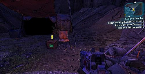In the upper part of the camp you will find a cardboard box with an ECHO Recorder inside [2] - The Lost Treasure | Sawtooth Cauldron side missions in Borderlands 2 - Sawtooth Cauldron - Borderlands 2 Game Guide