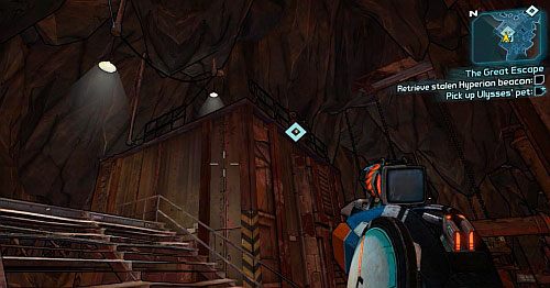 Ride the elevator up to the roof, where you will find Ulysses [1] - The Great Escape | Sawtooth Cauldron side missions in Borderlands 2 - Sawtooth Cauldron - Borderlands 2 Game Guide