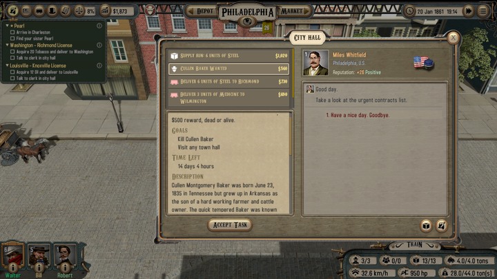 In City hall, you can collect trade contracts or contracts for assassination of wanted men - Contracts from Jeremiah | Walkthrough - Walkthrough - Bounty Train Game Guide