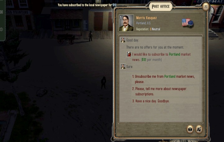 By clicking on the post office (open all around the clock) you can subscribe to the local newspaper - Contracts from Jeremiah | Walkthrough - Walkthrough - Bounty Train Game Guide