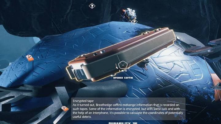 You can sometimes find encrypted tapes in coffins (you will get the key necessary to open these in the second chapter, as part of the main plot) - Breathedge: Encrypted tapes - what are they for? - FAQ - Breathedge Guide