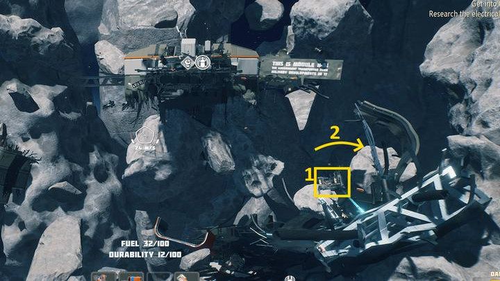 While in front of the military base, fly to the small wreckage in front of the module (1), next to the cannon - Breathedge: Lung capacity - inventory upgrade - Upgrading your equipment - Breathedge Guide