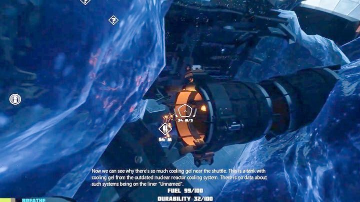 The first blueprint fragment is found in the center of the destroyed ball with frozen cooling gel (next to the engine lit in orange) - Breathedge: Accelerators - item upgrades - Upgrading your equipment - Breathedge Guide