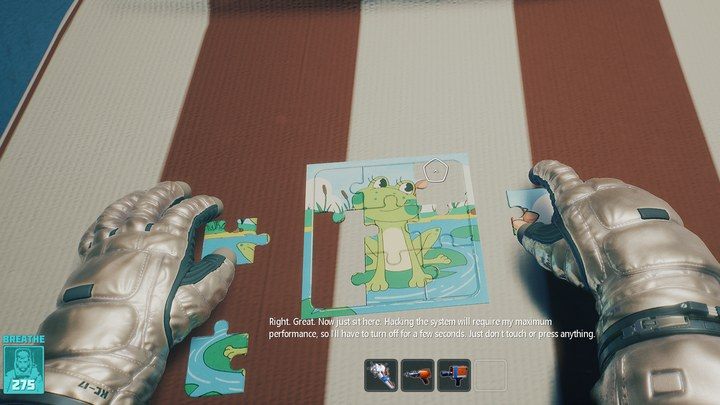 Your last task is to collect the board from the shelf on the left, above the boxes - Breathedge: Examine the unknown module - walkthrough - Chapters 4 & 5 - Breathedge Guide