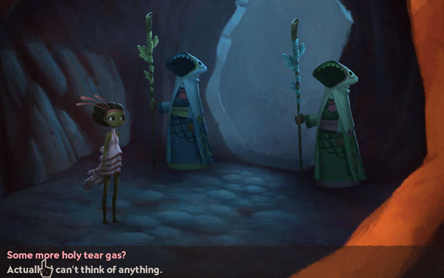 Ask the guards for the gas container - Shellmound - Chapter 1 - Vella - Broken Age - Game Guide and Walkthrough